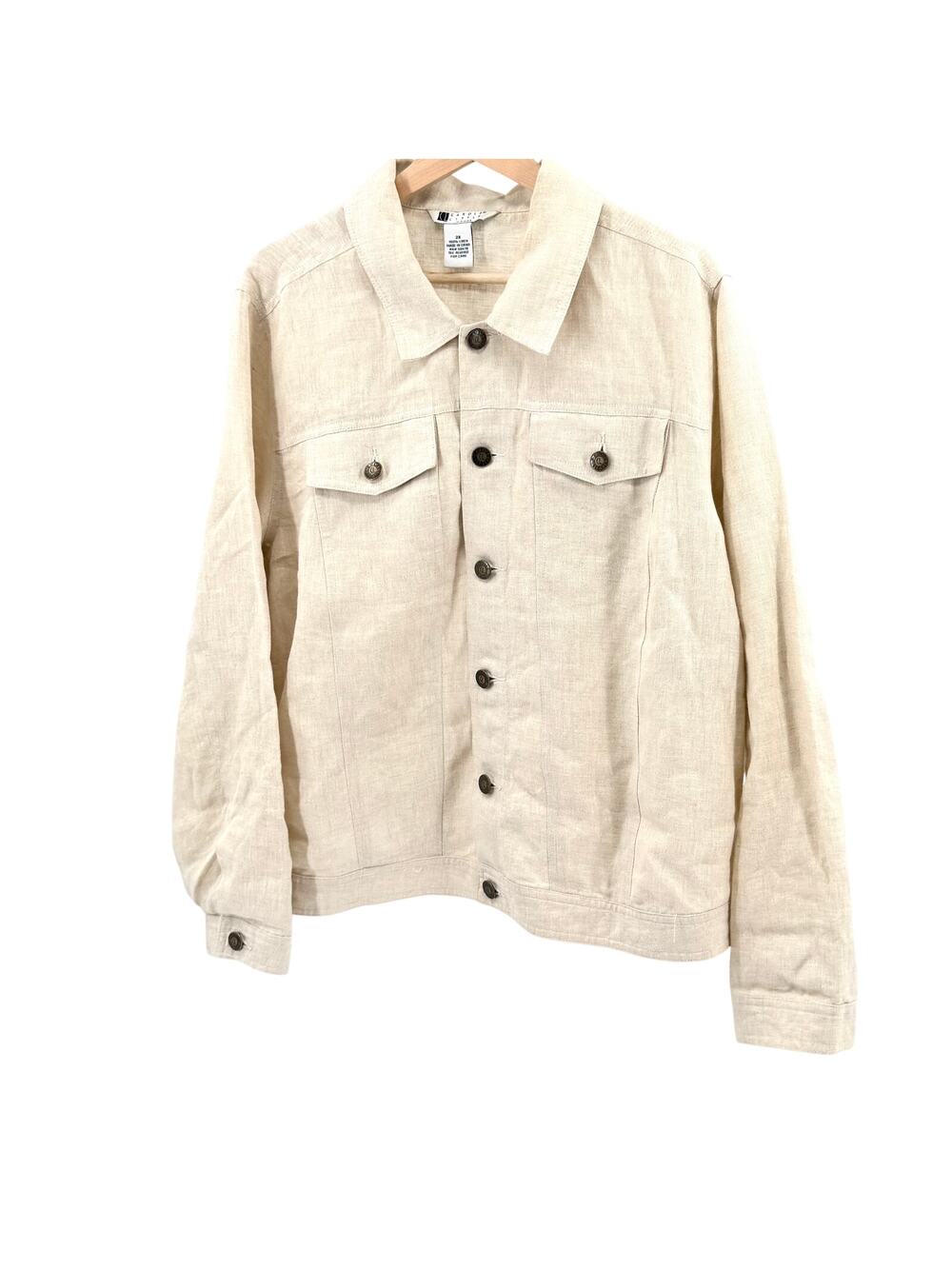 Vintage Y2K Carole Little Beige 100% Linen Trucker Jacket
